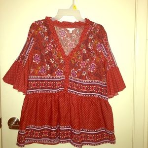 Mixed Print Peasant Top